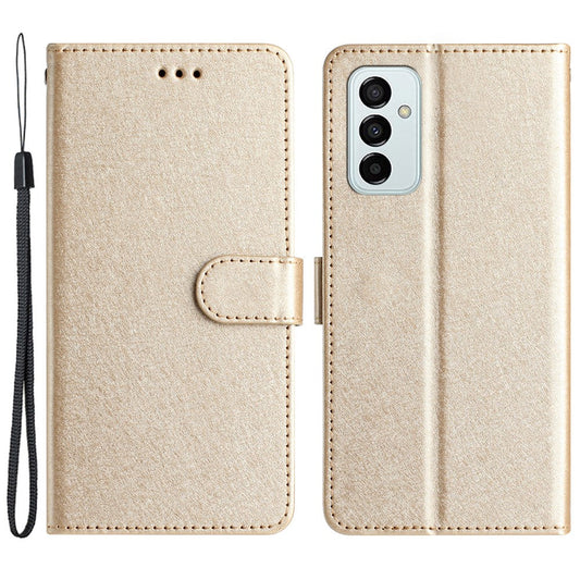Phone Wallet for Samsung Galaxy M23 5G / F23 5G Silk Texture PU Leather Stand Cover Hand Strap Flip Case - Gold