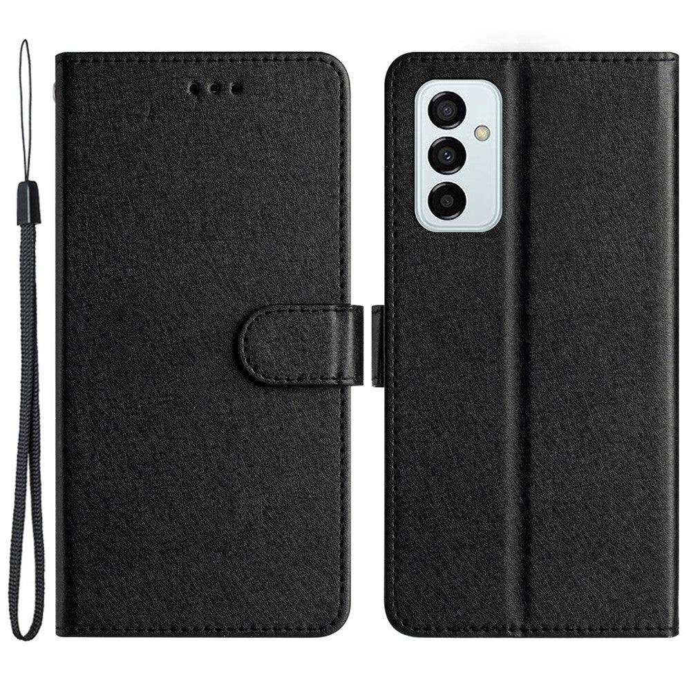 Phone Wallet for Samsung Galaxy M23 5G / F23 5G Silk Texture PU Leather Stand Cover Hand Strap Flip Case - Black