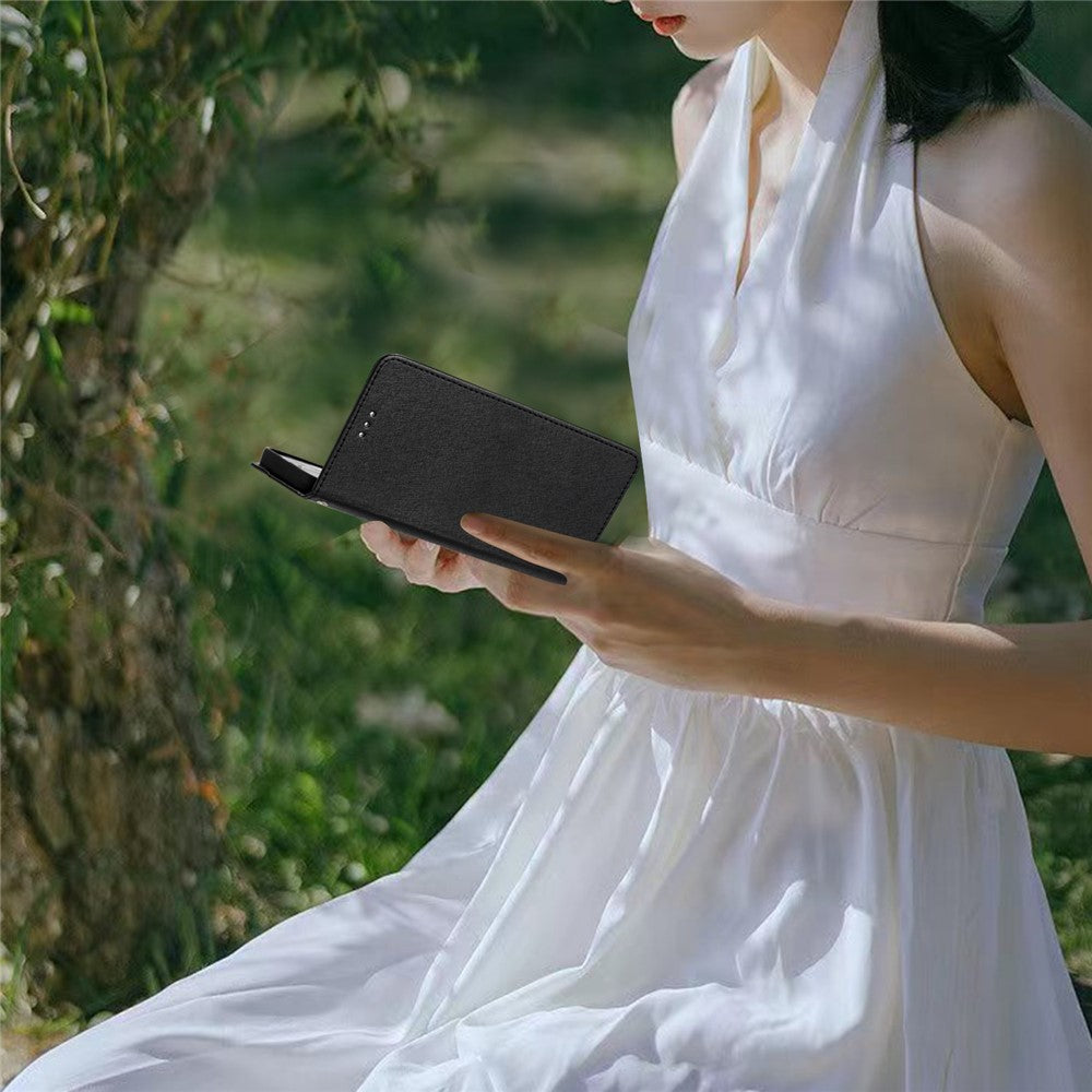 Phone Wallet for Samsung Galaxy M23 5G / F23 5G Silk Texture PU Leather Stand Cover Hand Strap Flip Case - Black