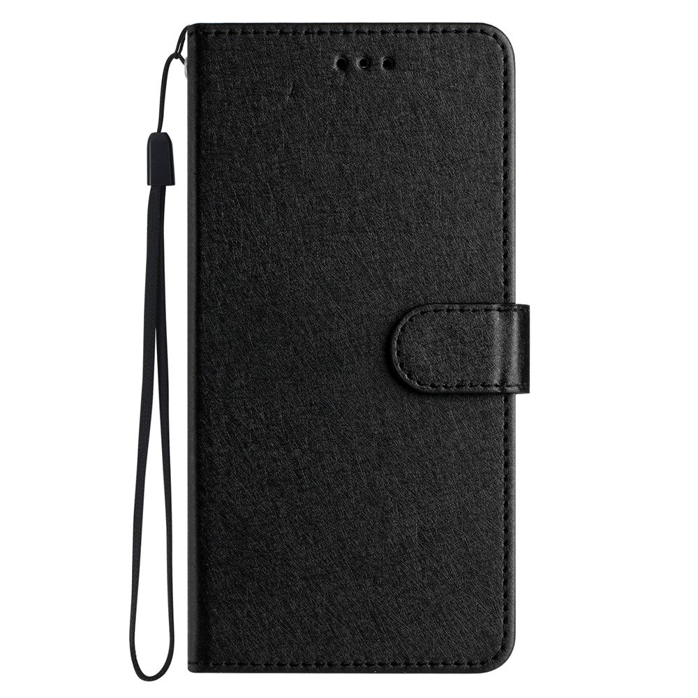 Phone Wallet for Samsung Galaxy M23 5G / F23 5G Silk Texture PU Leather Stand Cover Hand Strap Flip Case - Black