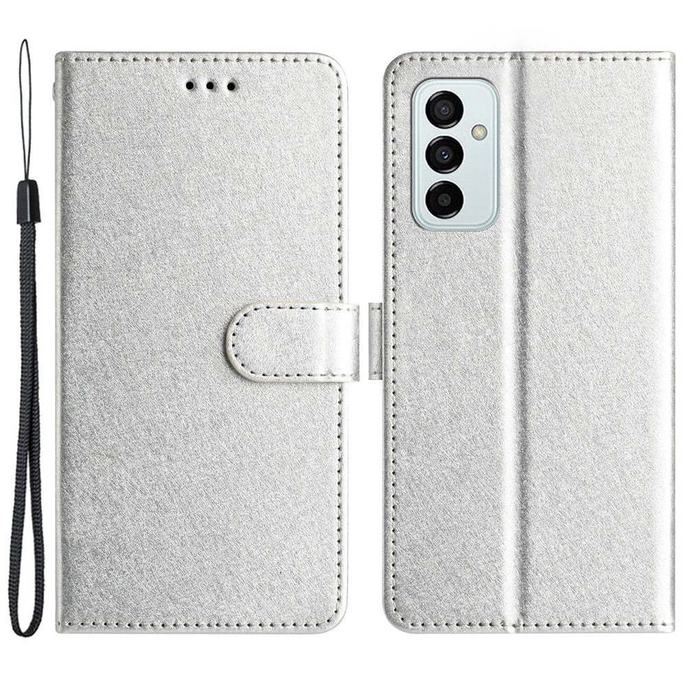 Phone Wallet for Samsung Galaxy M23 5G / F23 5G Silk Texture PU Leather Stand Cover Hand Strap Flip Case - Silver