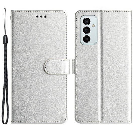 Phone Wallet for Samsung Galaxy M23 5G / F23 5G Silk Texture PU Leather Stand Cover Hand Strap Flip Case - Silver