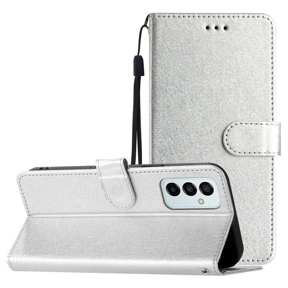 Phone Wallet for Samsung Galaxy M23 5G / F23 5G Silk Texture PU Leather Stand Cover Hand Strap Flip Case - Silver