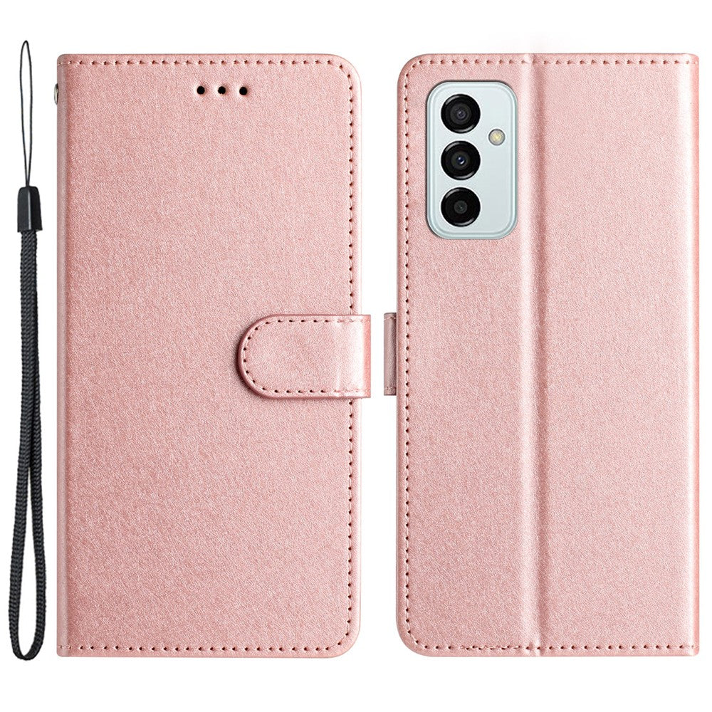 Anti-fall Phone Wallet for Samsung Galaxy M52 5G Silk Texture PU Leather Stand Cover Hand Strap Flip Case - Rose Gold