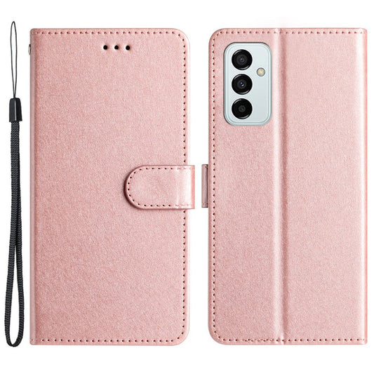 Anti-fall Phone Wallet for Samsung Galaxy M52 5G Silk Texture PU Leather Stand Cover Hand Strap Flip Case - Rose Gold
