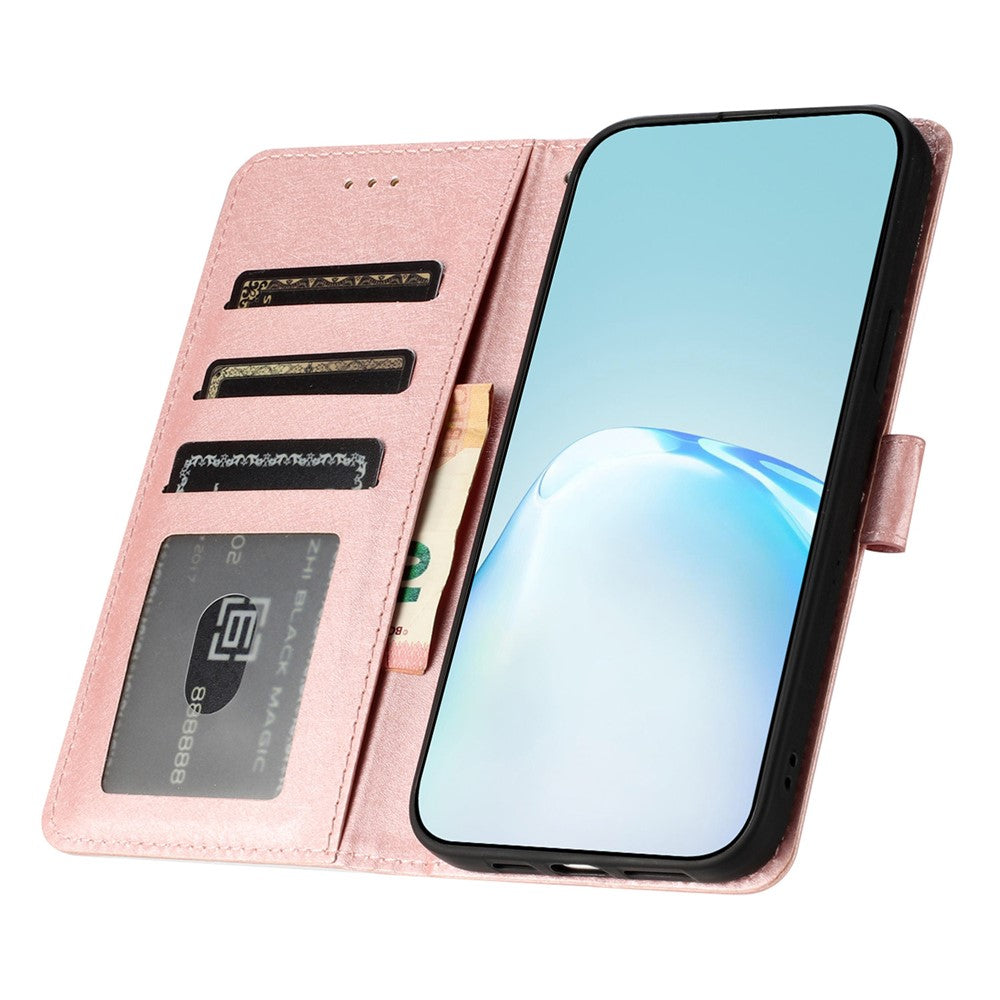 Anti-fall Phone Wallet for Samsung Galaxy M52 5G Silk Texture PU Leather Stand Cover Hand Strap Flip Case - Rose Gold