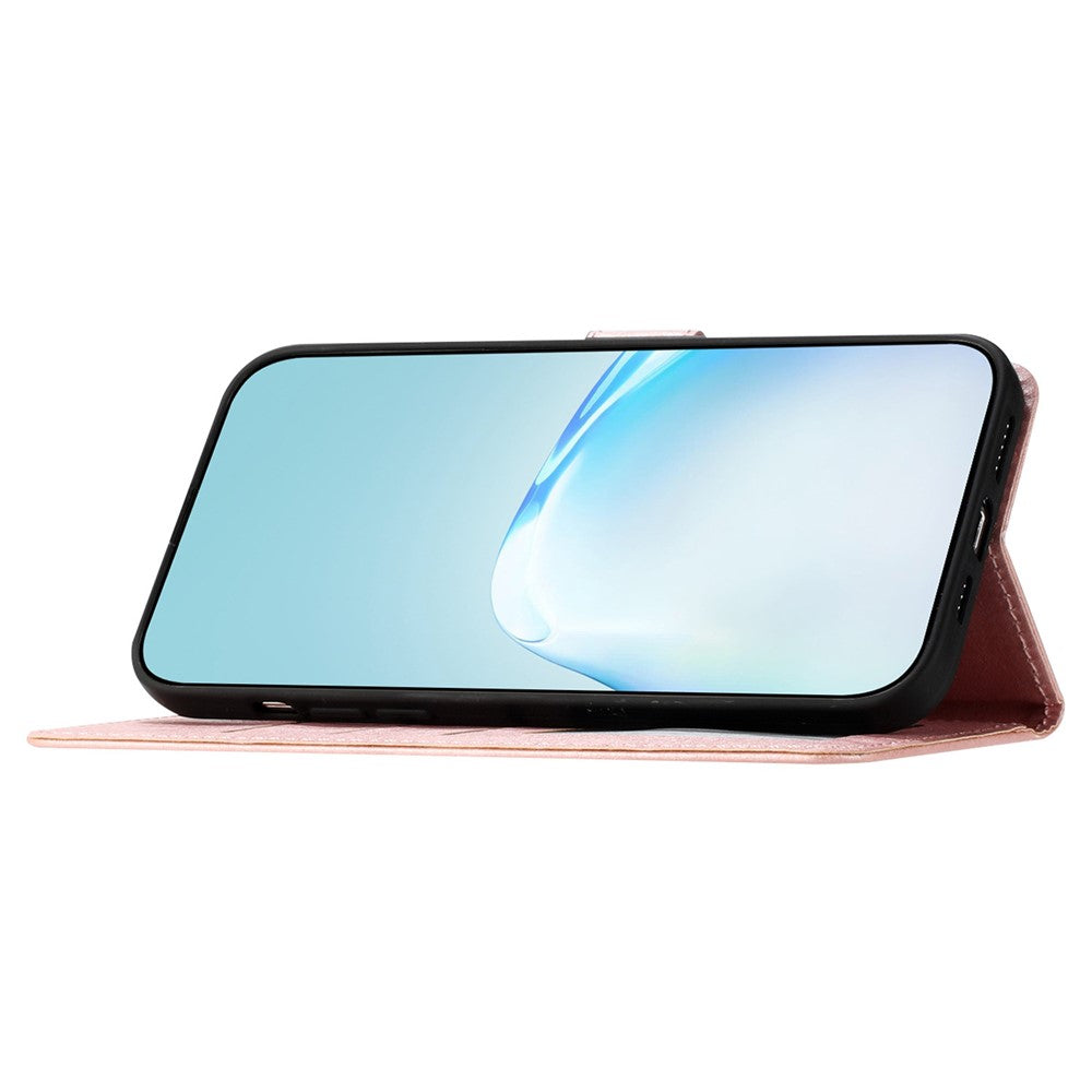 Anti-fall Phone Wallet for Samsung Galaxy M52 5G Silk Texture PU Leather Stand Cover Hand Strap Flip Case - Rose Gold
