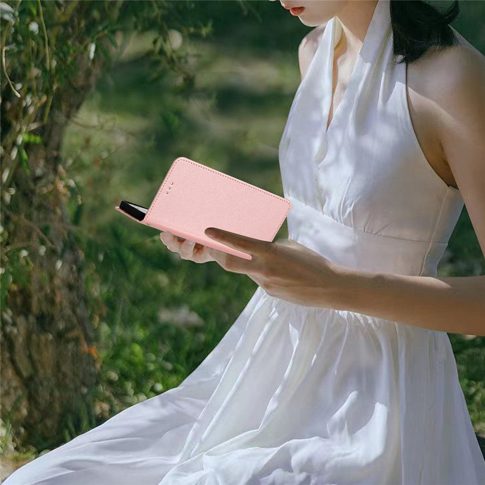 Anti-fall Phone Wallet for Samsung Galaxy M52 5G Silk Texture PU Leather Stand Cover Hand Strap Flip Case - Rose Gold