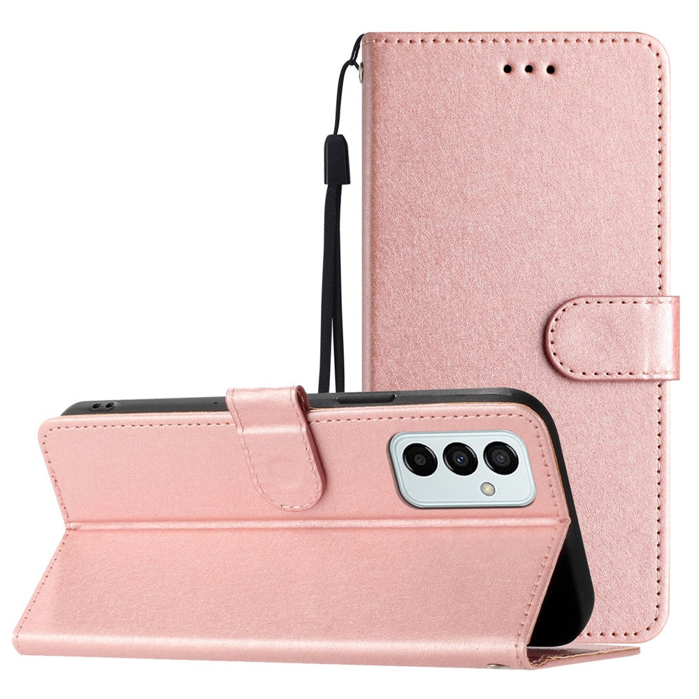 Anti-fall Phone Wallet for Samsung Galaxy M52 5G Silk Texture PU Leather Stand Cover Hand Strap Flip Case - Rose Gold