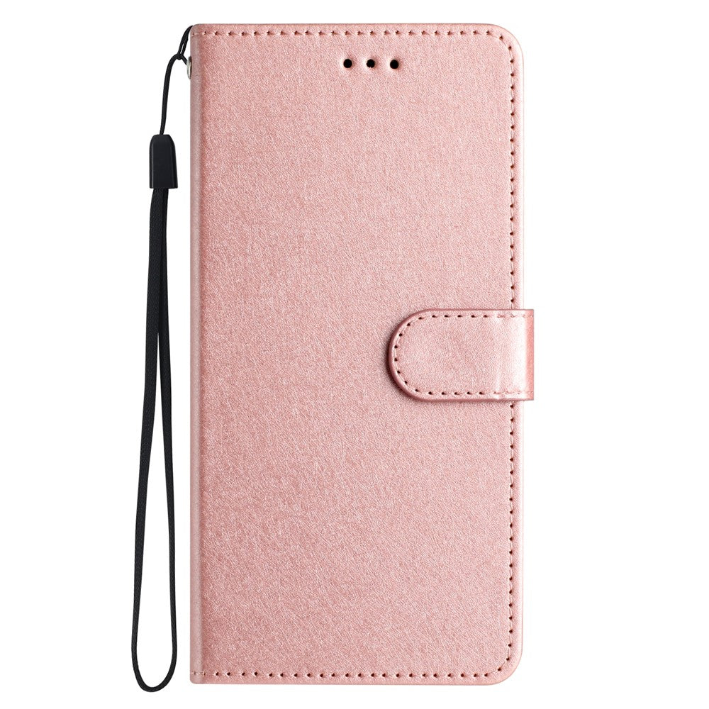 Anti-fall Phone Wallet for Samsung Galaxy M52 5G Silk Texture PU Leather Stand Cover Hand Strap Flip Case - Rose Gold