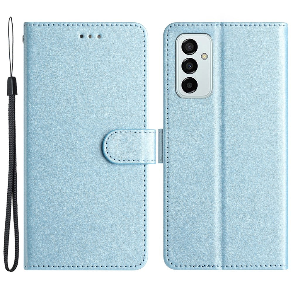 Anti-fall Phone Wallet for Samsung Galaxy M52 5G Silk Texture PU Leather Stand Cover Hand Strap Flip Case - Sky Blue