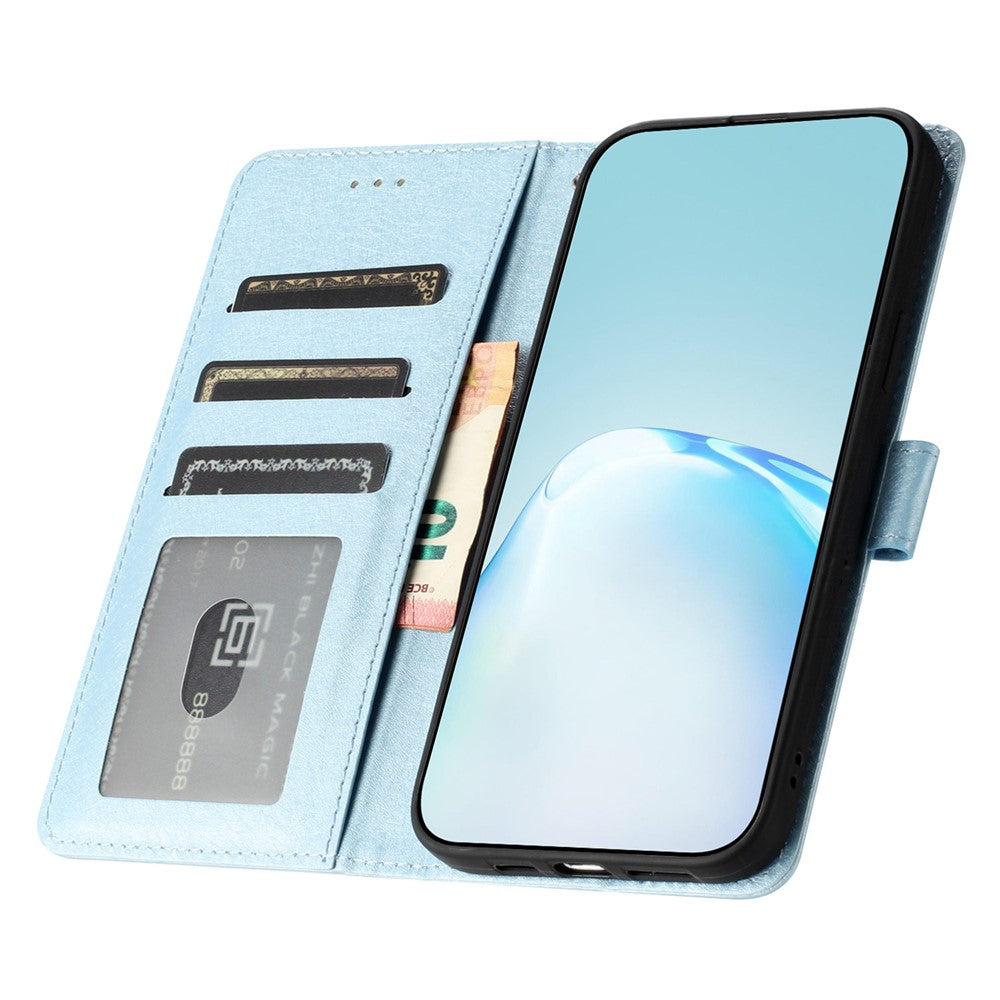Anti-fall Phone Wallet for Samsung Galaxy M52 5G Silk Texture PU Leather Stand Cover Hand Strap Flip Case - Sky Blue