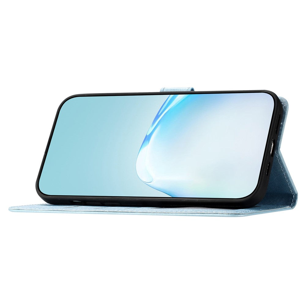 Anti-fall Phone Wallet for Samsung Galaxy M52 5G Silk Texture PU Leather Stand Cover Hand Strap Flip Case - Sky Blue