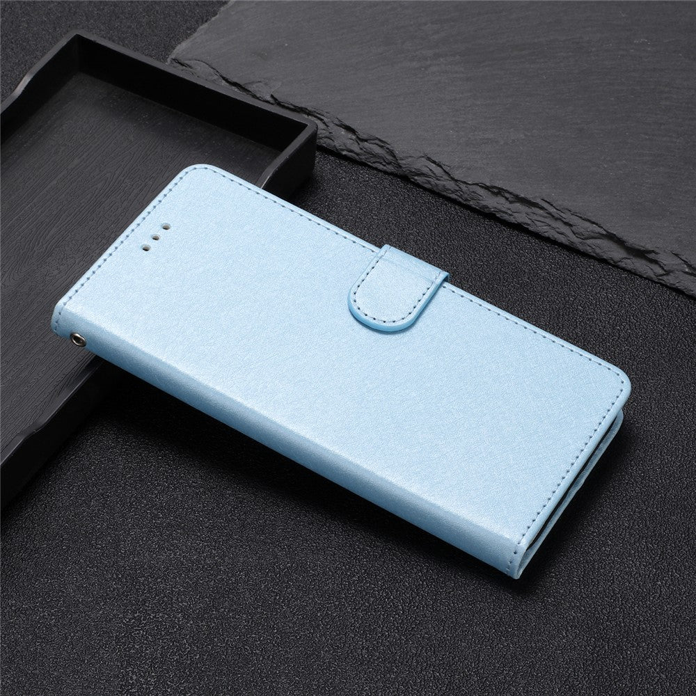Anti-fall Phone Wallet for Samsung Galaxy M52 5G Silk Texture PU Leather Stand Cover Hand Strap Flip Case - Sky Blue