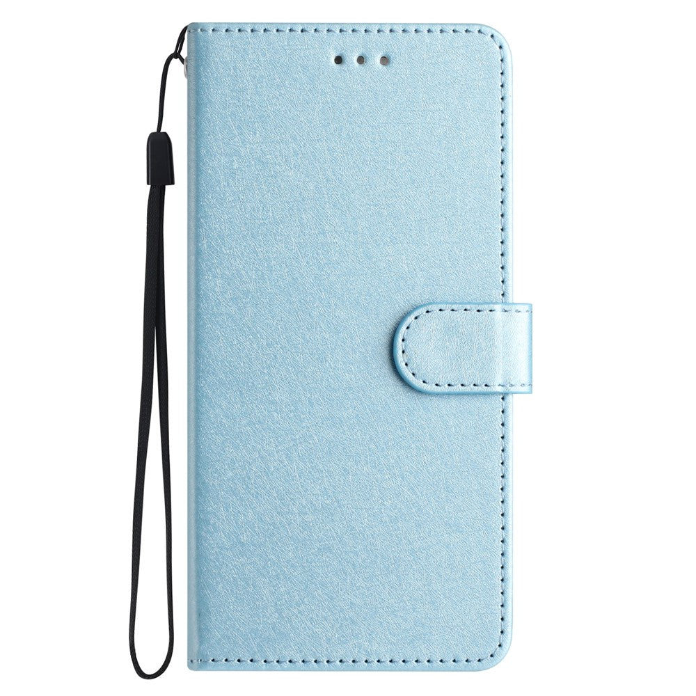 Anti-fall Phone Wallet for Samsung Galaxy M52 5G Silk Texture PU Leather Stand Cover Hand Strap Flip Case - Sky Blue