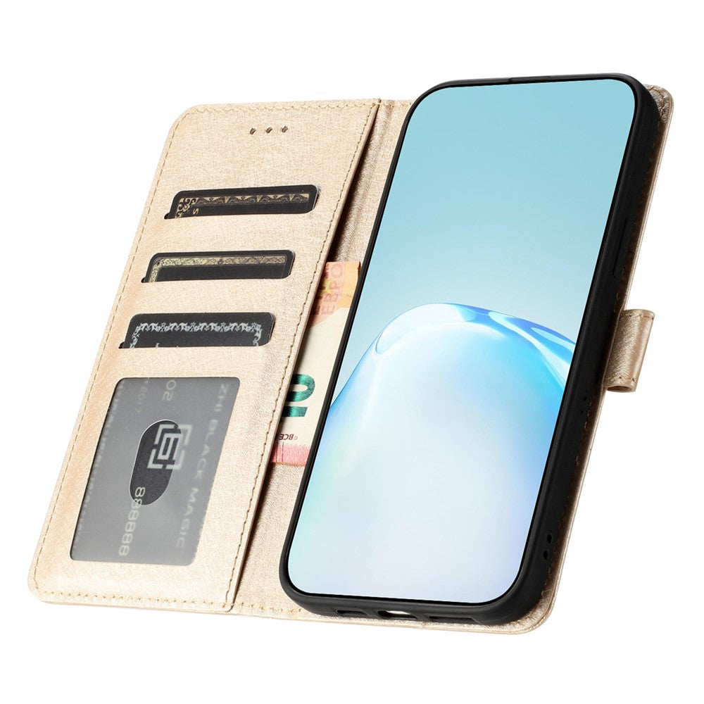 Anti-fall Phone Wallet for Samsung Galaxy M52 5G Silk Texture PU Leather Stand Cover Hand Strap Flip Case - Gold