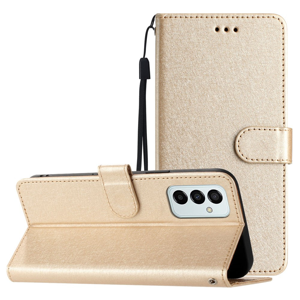 Anti-fall Phone Wallet for Samsung Galaxy M52 5G Silk Texture PU Leather Stand Cover Hand Strap Flip Case - Gold