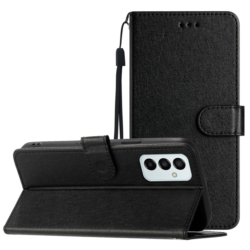 Anti-fall Phone Wallet for Samsung Galaxy M52 5G Silk Texture PU Leather Stand Cover Hand Strap Flip Case - Black