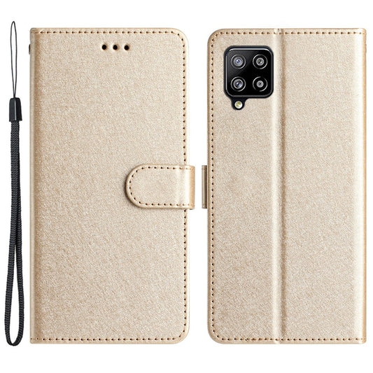 For Samsung Galaxy M32 (Global Version) 4G Wallet Phone Case Foldable Stand Silk Texture Leather Cover - Gold