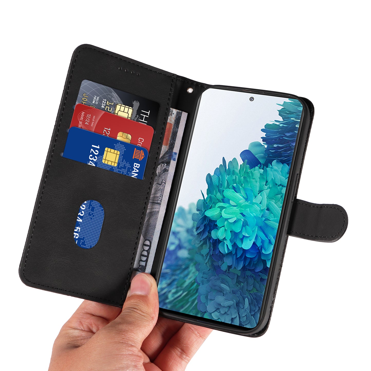 For Samsung Galaxy S20 FE 5G / S20 FE / S20 FE 2022 / S20 Lite Wallet Leather Phone Cover Imprinted Stand Case - Black