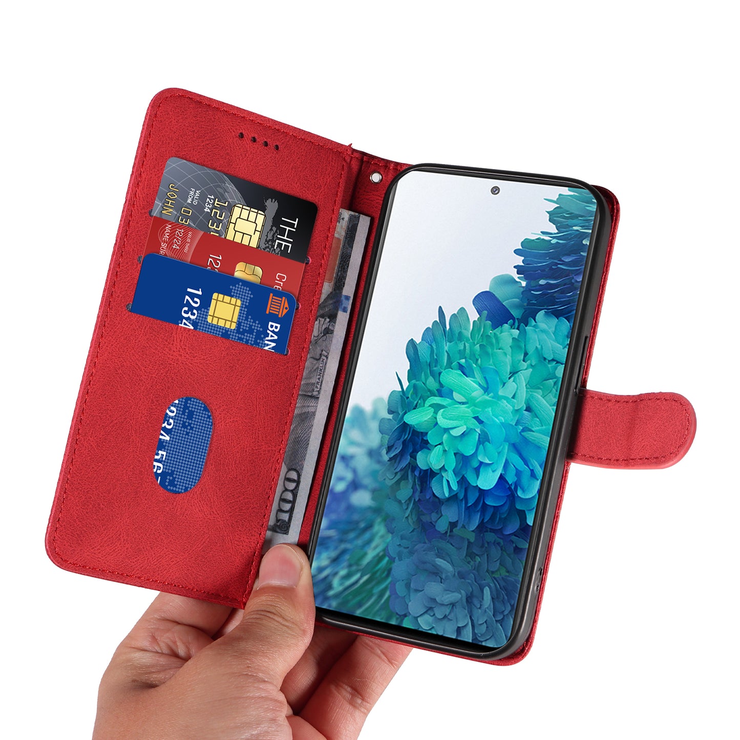 For Samsung Galaxy S20 FE 5G / S20 FE / S20 FE 2022 / S20 Lite Wallet Leather Phone Cover Imprinted Stand Case - Red