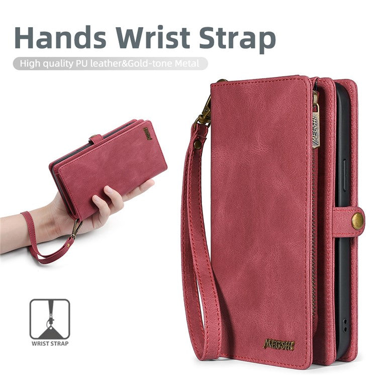 MEGSHI 017 Series For Samsung Galaxy A34 5G Zipper Wallet PU Leather Phone Case Magnetic Detachable Cover - Red