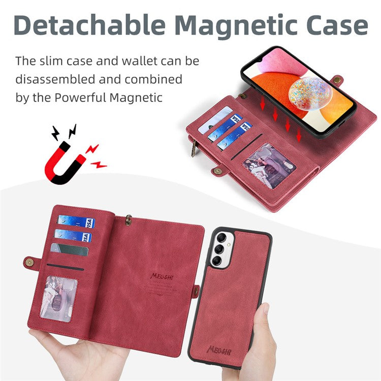 MEGSHI 017 Series For Samsung Galaxy A34 5G Zipper Wallet PU Leather Phone Case Magnetic Detachable Cover - Red
