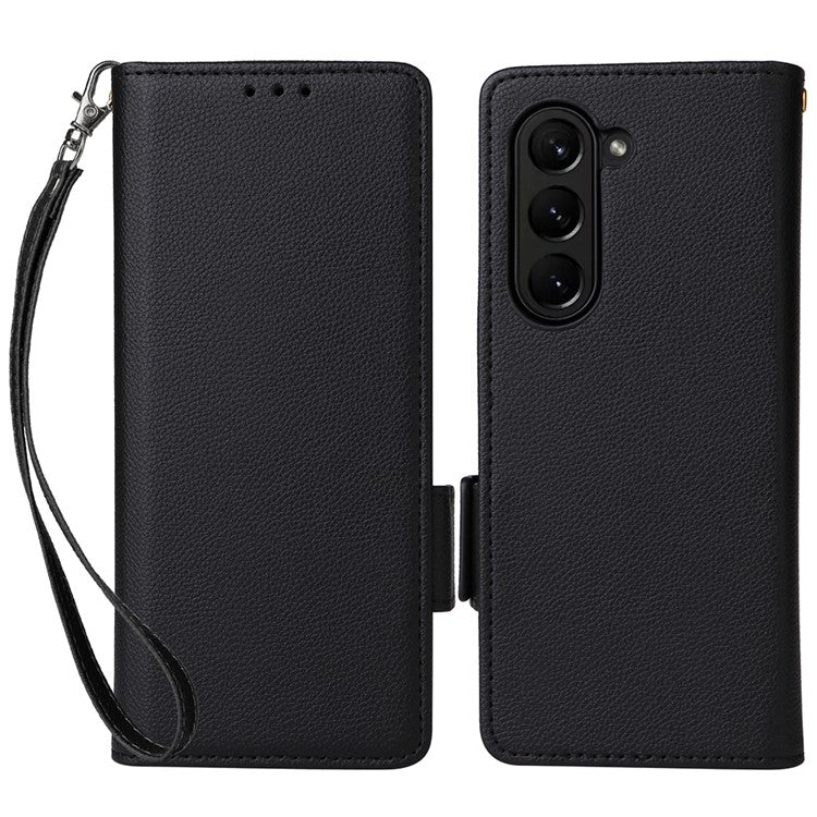 Wallet Phone Case for Samsung Galaxy Z Fold5 5G Litchi Texture TPU+Leather Flip Cover with Strap - Black