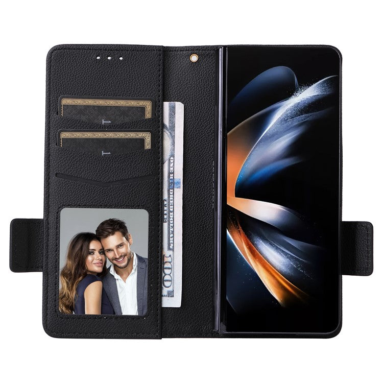 Wallet Phone Case for Samsung Galaxy Z Fold5 5G Litchi Texture TPU+Leather Flip Cover with Strap - Black