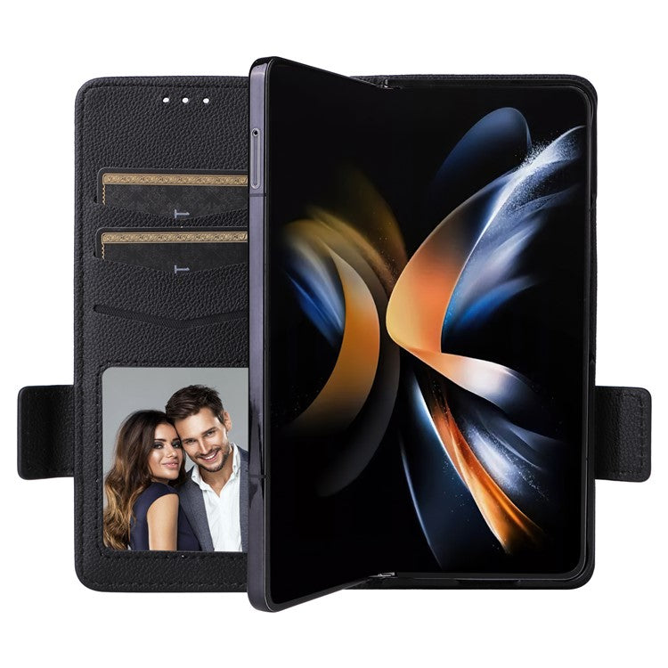 Wallet Phone Case for Samsung Galaxy Z Fold5 5G Litchi Texture TPU+Leather Flip Cover with Strap - Black