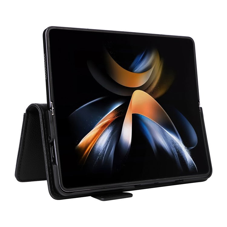 Wallet Phone Case for Samsung Galaxy Z Fold5 5G Litchi Texture TPU+Leather Flip Cover with Strap - Black