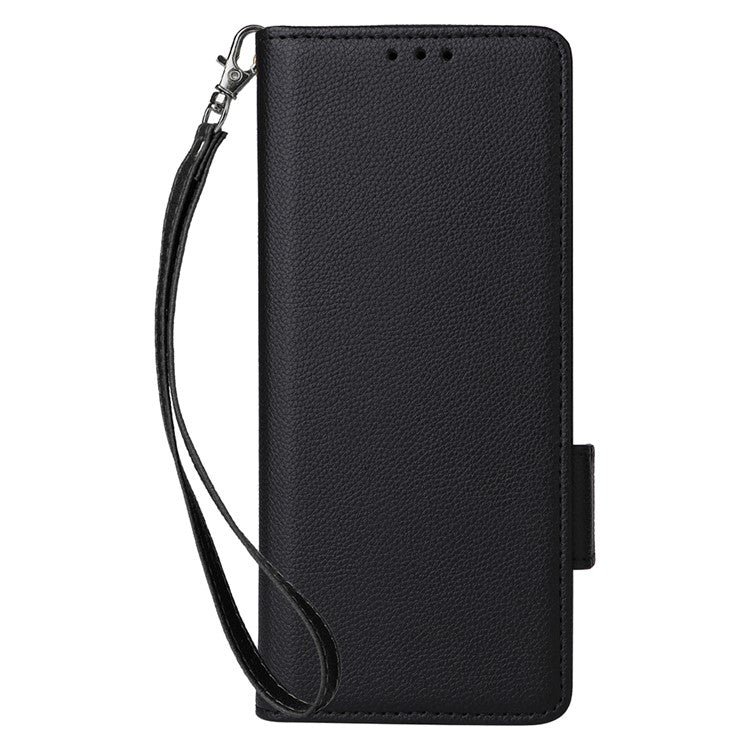 Wallet Phone Case for Samsung Galaxy Z Fold5 5G Litchi Texture TPU+Leather Flip Cover with Strap - Black