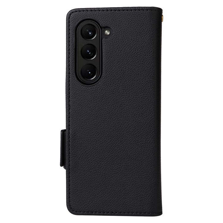 Wallet Phone Case for Samsung Galaxy Z Fold5 5G Litchi Texture TPU+Leather Flip Cover with Strap - Black