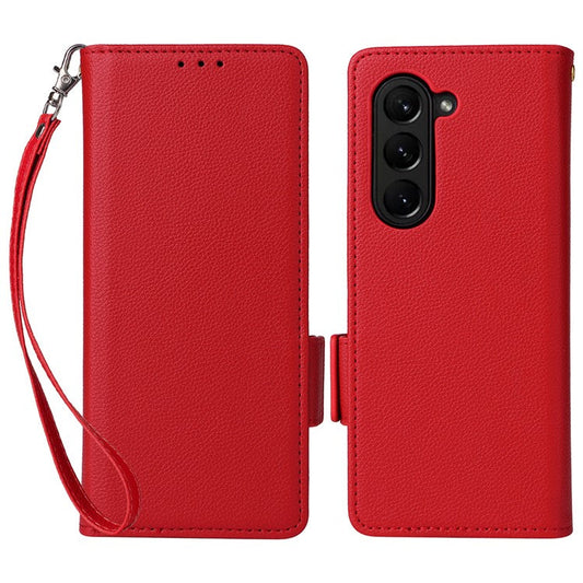 Wallet Phone Case for Samsung Galaxy Z Fold5 5G Litchi Texture TPU+Leather Flip Cover with Strap - Red
