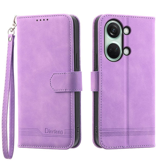 DIERFENG DF-03 Flip Cover for OnePlus Nord 3 5G / Ace 2V , Lines Imprinted Wallet Stand Mobile Leather Case - Purple