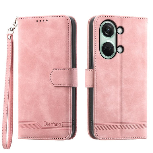 DIERFENG DF-03 Flip Cover for OnePlus Nord 3 5G / Ace 2V , Lines Imprinted Wallet Stand Mobile Leather Case - Pink