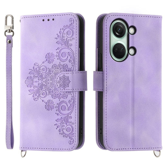 Stand Phone Case for OnePlus Nord 3 5G / Ace 2V Imprinted Flower Wallet Leather Folio Flip Cover with Wrist Strap + Shoulder Strap - Light Purple