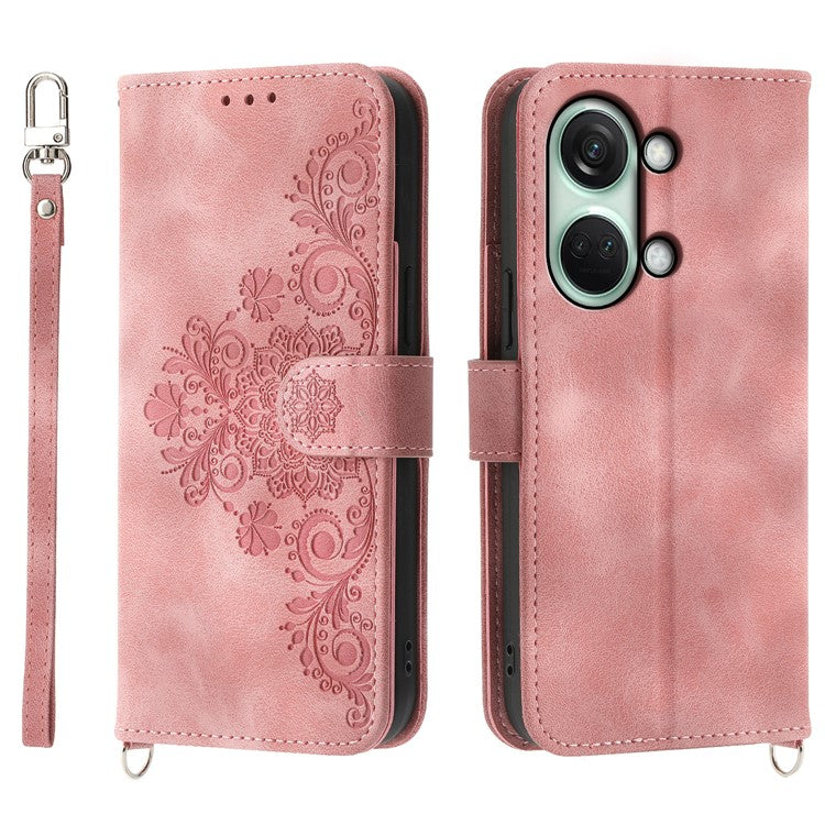 Stand Phone Case for OnePlus Nord 3 5G / Ace 2V Imprinted Flower Wallet Leather Folio Flip Cover with Wrist Strap + Shoulder Strap - Pink