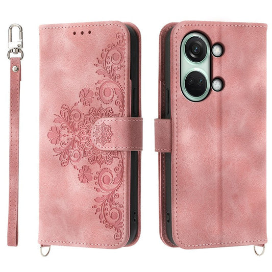 Stand Phone Case for OnePlus Nord 3 5G / Ace 2V Imprinted Flower Wallet Leather Folio Flip Cover with Wrist Strap + Shoulder Strap - Pink