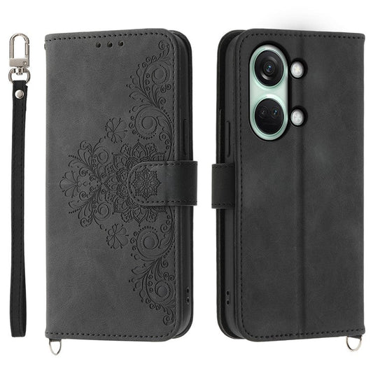 Stand Phone Case for OnePlus Nord 3 5G / Ace 2V Imprinted Flower Wallet Leather Folio Flip Cover with Wrist Strap + Shoulder Strap - Black