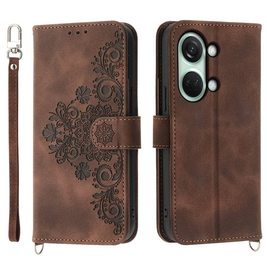 Stand Phone Case for OnePlus Nord 3 5G / Ace 2V Imprinted Flower Wallet Leather Folio Flip Cover with Wrist Strap + Shoulder Strap - Brown