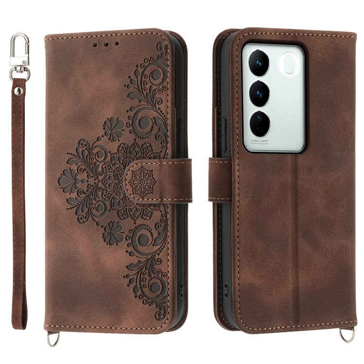 For vivo V27 5G Wallet Leather Cover Stand Phone Imprinted Flower Case with Wrist Strap + Shoulder Strap - Brown