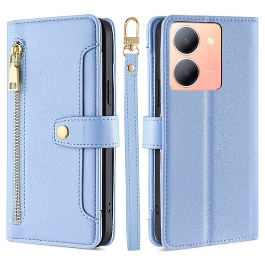 Multiple Card Slots Shell for vivo Y78 5G Zipper Pocket Phone Leather Case Anti-drop Cover with Straps - Blue