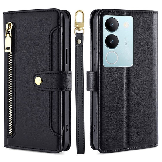 Multiple Card Slots Anti-fall Shell for vivo S17 5G / S17 Pro 5G , Zipper Pocket Phone Leather Case with Straps - Black