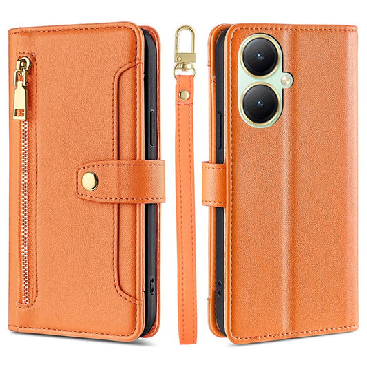 Phone Shell for vivo Y35+ 5G / Y35m+ 5G , Zipper Pocket Card Holder Leather Flip Case with Straps - Orange