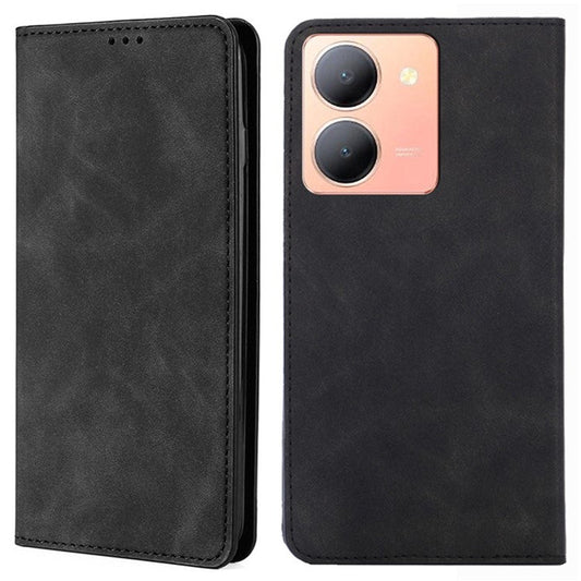 For vivo Y78 5G Foldable Stand Phone Cover Card Holder Skin-Touch Slim-Fit PU Leather Phone Case - Black