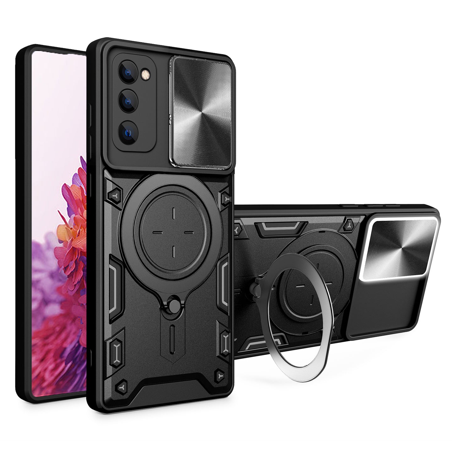 Kickstand Case for Samsung Galaxy S20 FE / S20 FE 5G / S20 FE 2022 / S20 Lite , Slide Camera Lid PC+TPU Phone Cover - Black