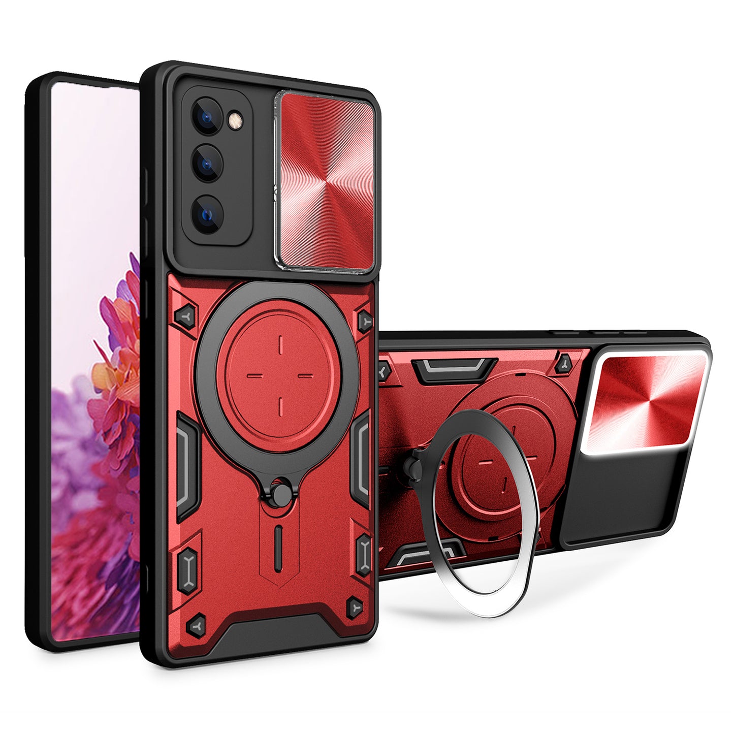 Kickstand Case for Samsung Galaxy S20 FE / S20 FE 5G / S20 FE 2022 / S20 Lite , Slide Camera Lid PC+TPU Phone Cover - Red