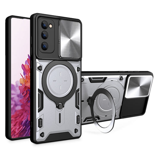 Kickstand Case for Samsung Galaxy S20 FE / S20 FE 5G / S20 FE 2022 / S20 Lite , Slide Camera Lid PC+TPU Phone Cover - Silver