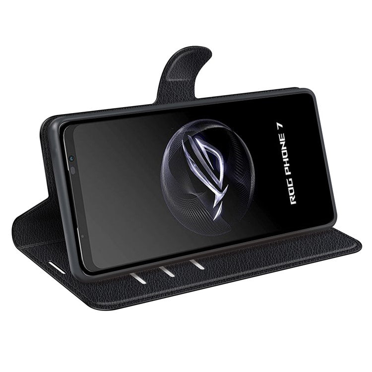 Litchi Texture Phone Case for Asus ROG Phone 7 5G , Wallet Phone Cover Stand PU Leather Shell - Black